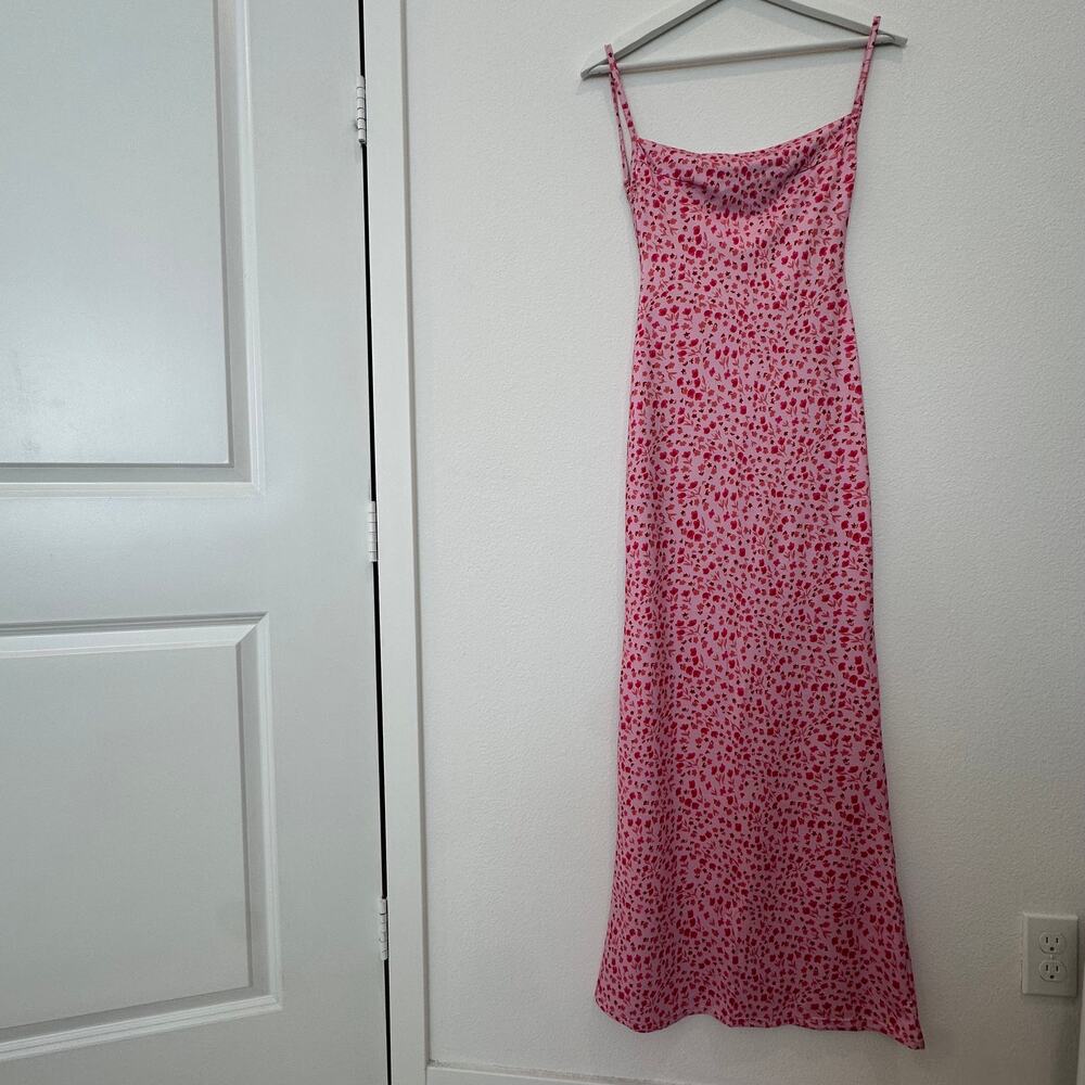 Pink red floral cowl square neck bodycon form fitting maxi spaghetti strap dress